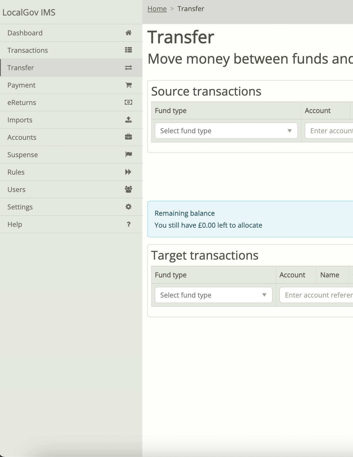 Local Gov IMS — Transfer screen for moving funds between accounts