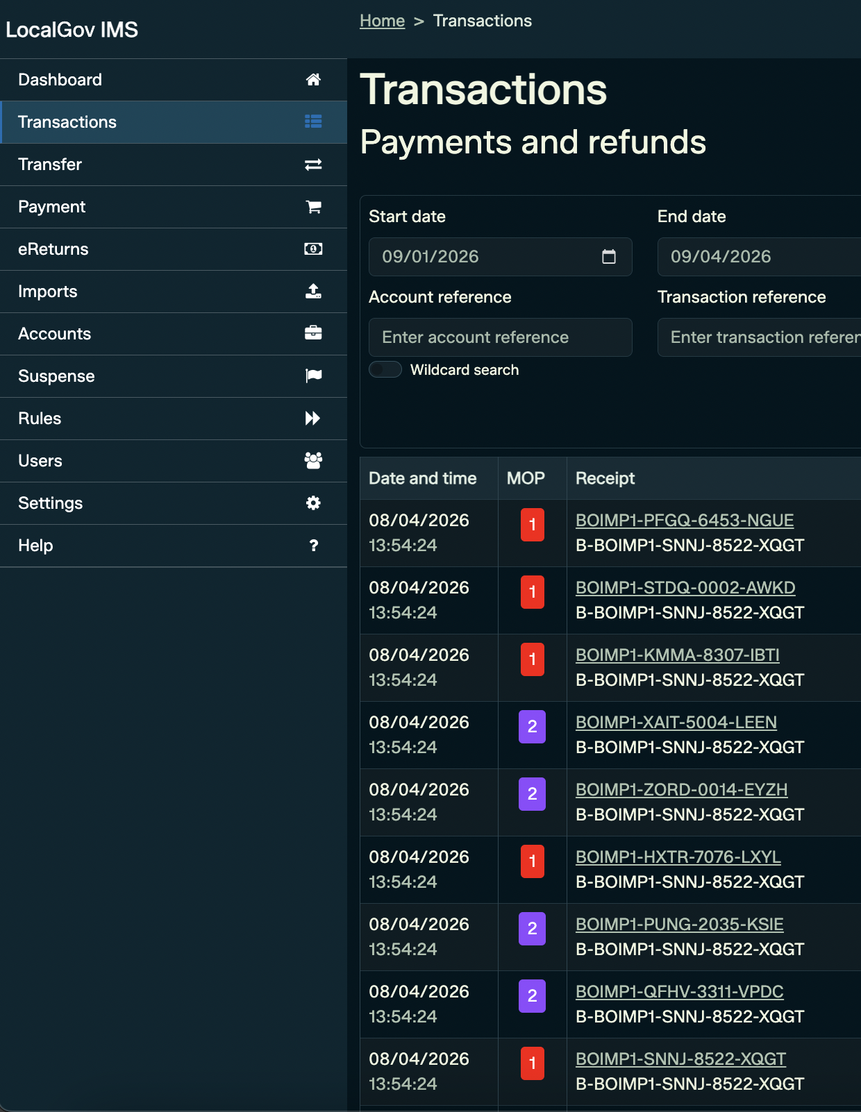 Local Gov IMS — Transactions view showing payments and refunds