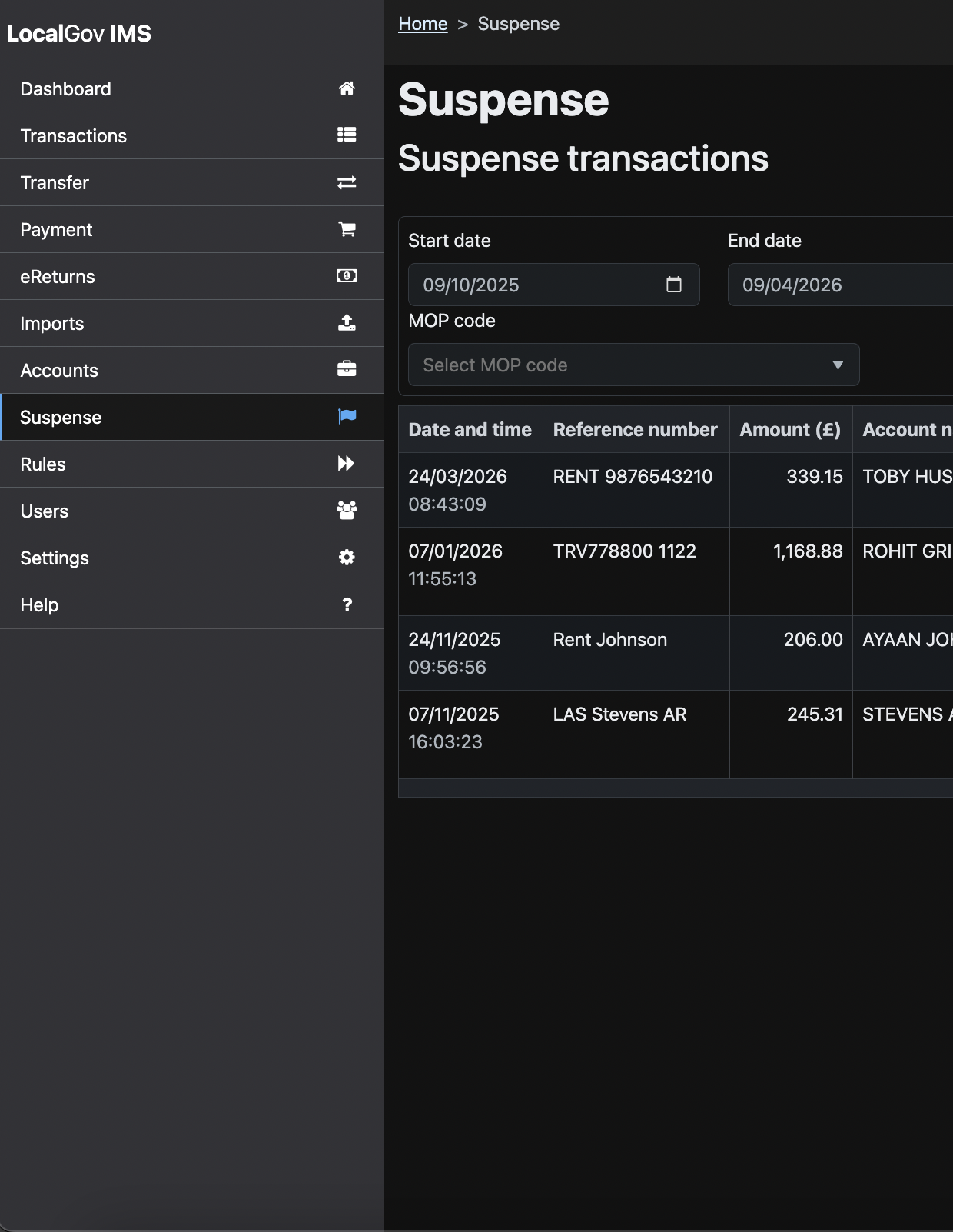 Local Gov IMS — Suspense transactions awaiting allocation